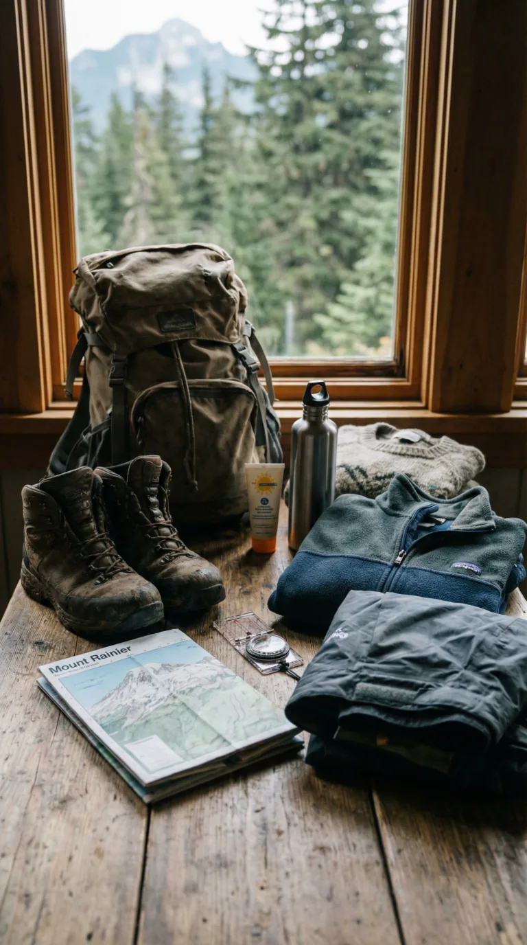 Hiking gear and essentials laid out for Mount Rainier National Park trip