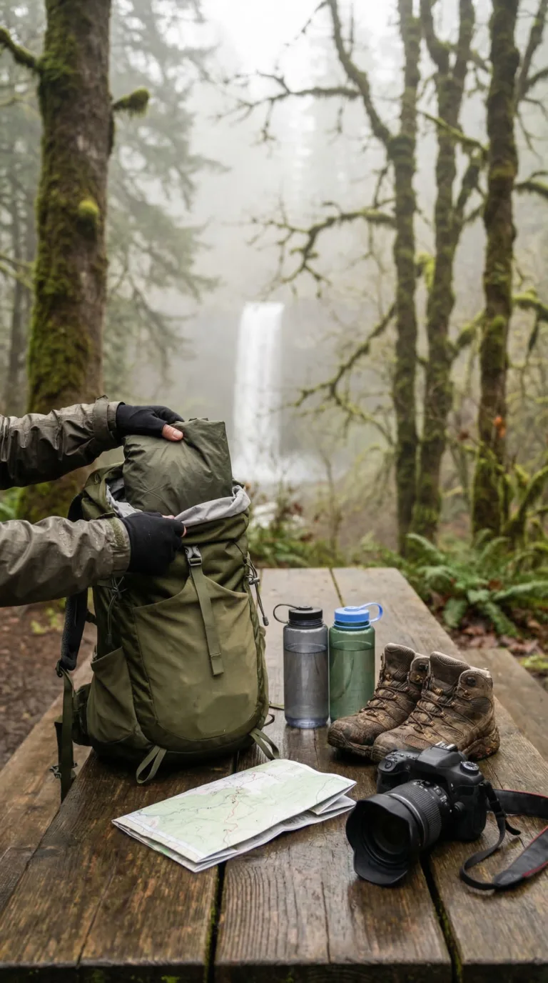 Hiking gear and rain jacket prepared on picnic table at Silver Falls State Park in misty morning