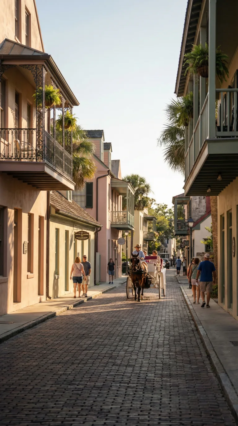 Historic cobblestone street in St. Augustine with Spanish colonial buildings and horse-drawn carriage