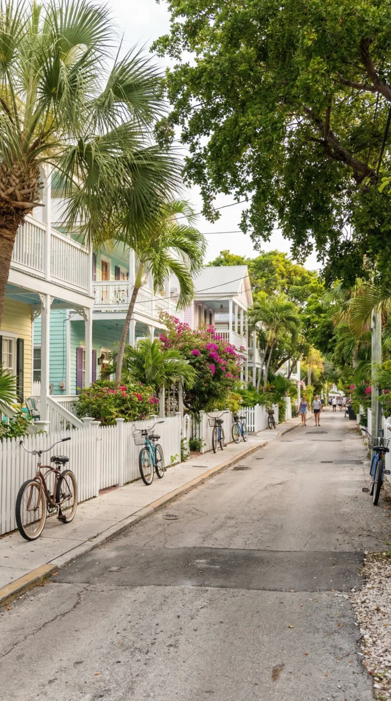 Historic Conch-style houses in Old Town Key West with colorful facades and tropical gardens