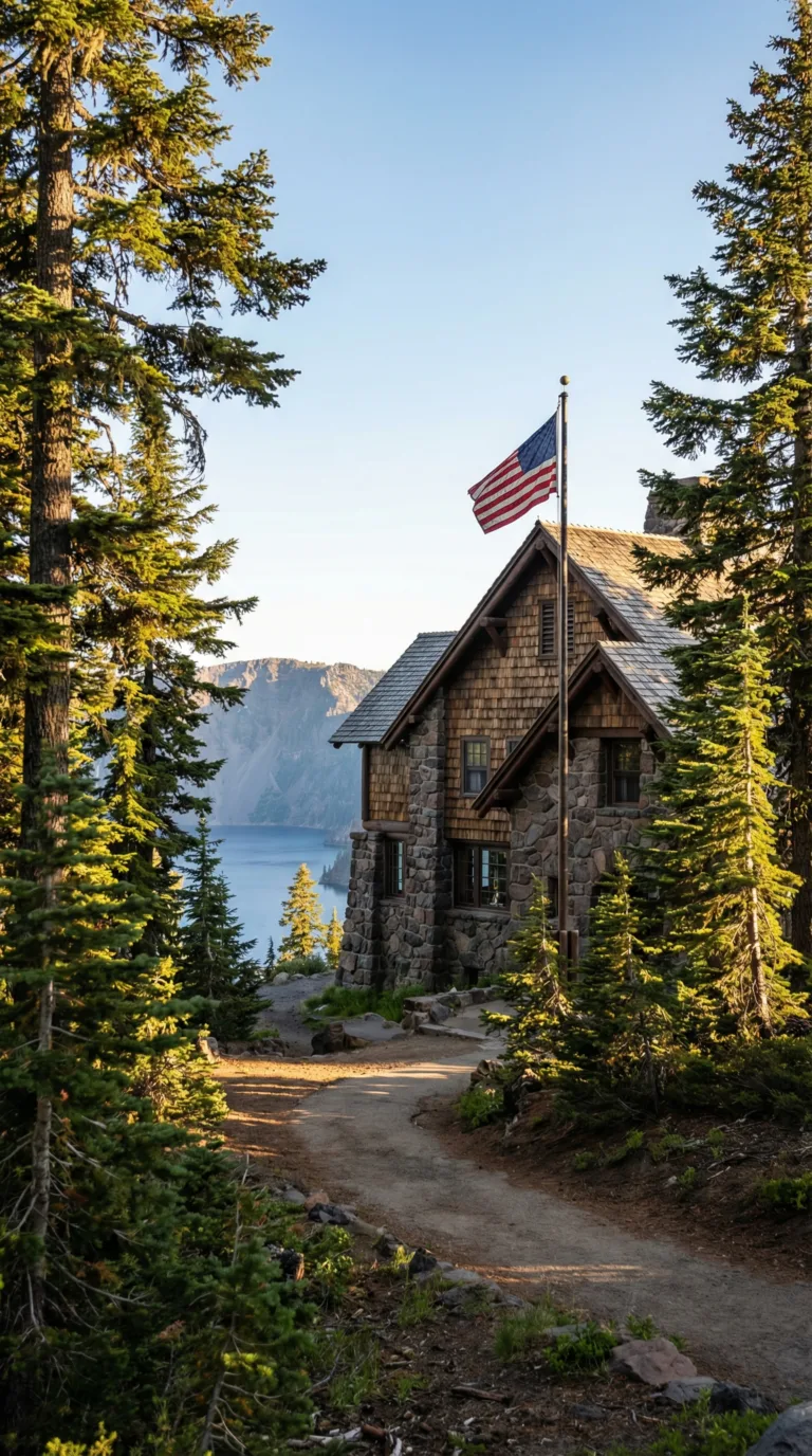 Historic Crater Lake Lodge stone and timber building with caldera rim and lake in background