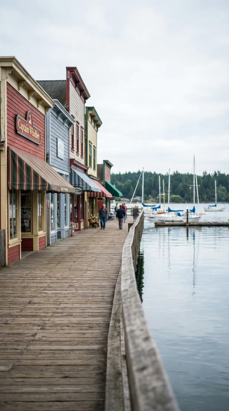 Historic downtown Coupeville waterfront with Victorian buildings and Penn Cove, Whidbey Island