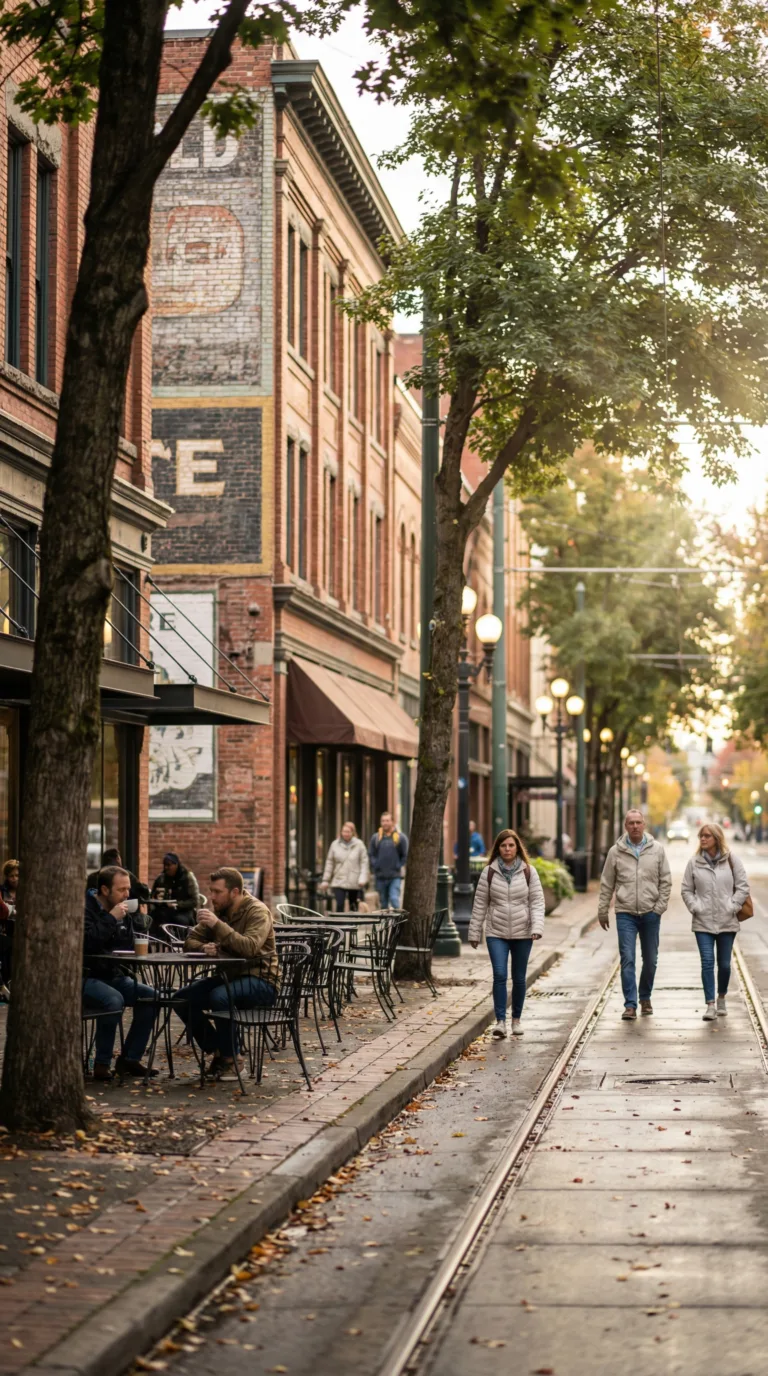Historic downtown Spokane street with brick buildings and outdoor cafes