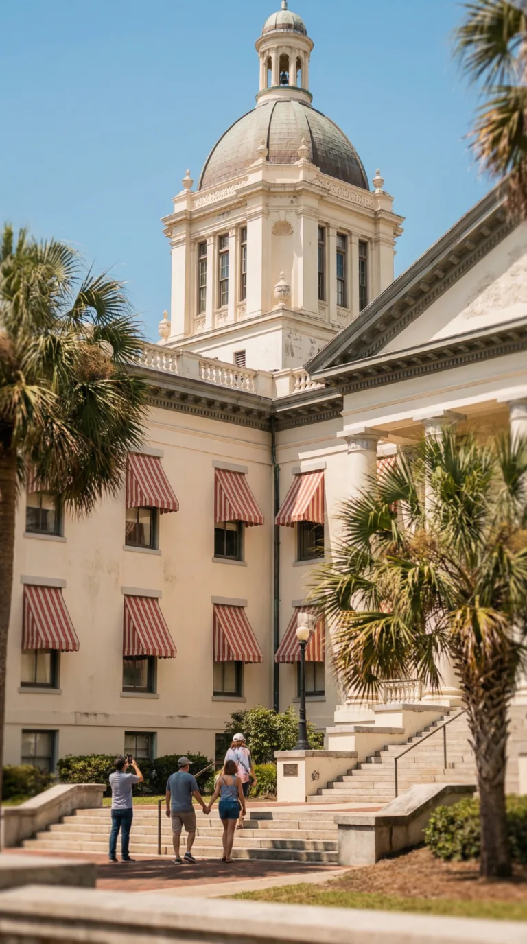 Historic Old Capitol building in Tallahassee with red and white striped awnings