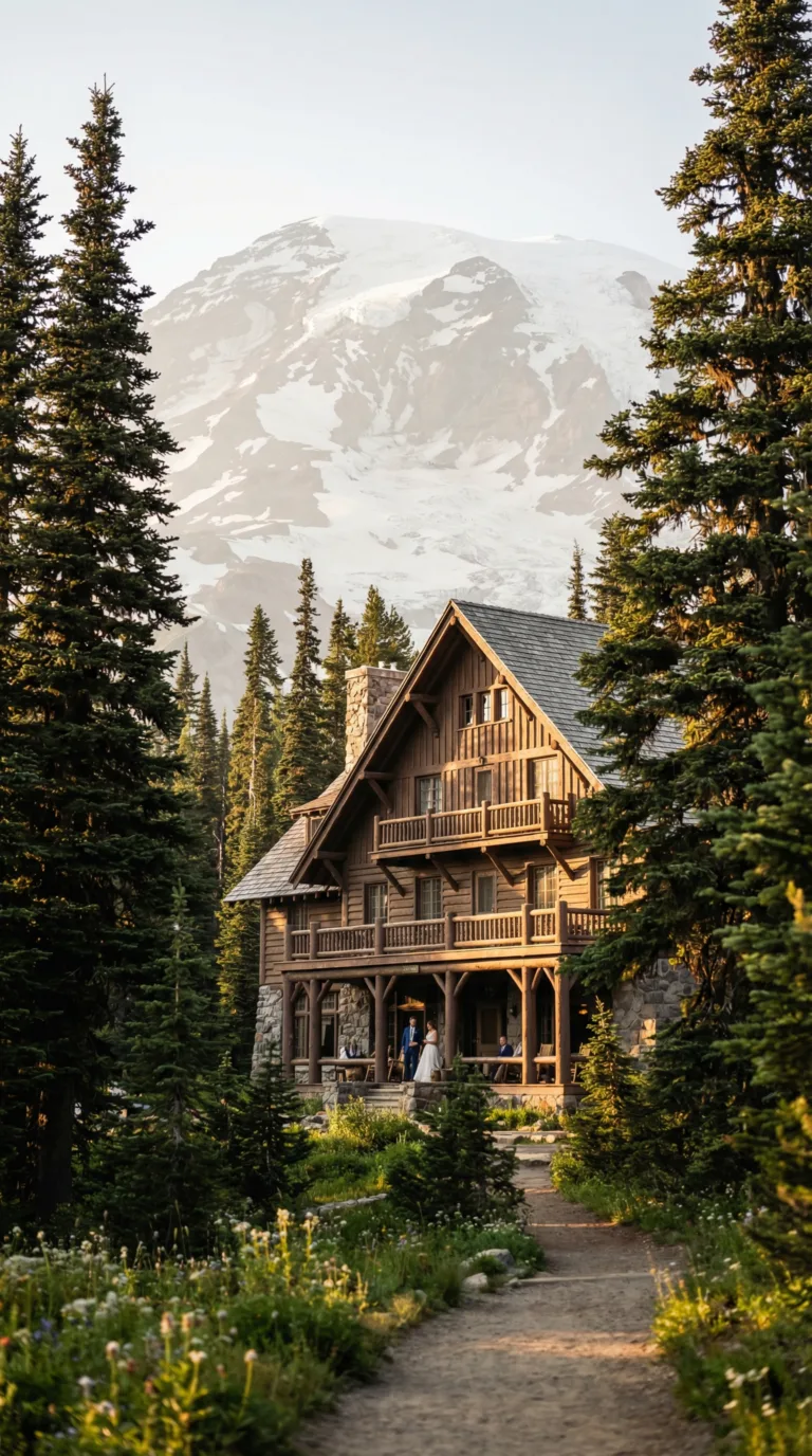 Historic Paradise Inn lodge at Mount Rainier National Park with mountain backdrop