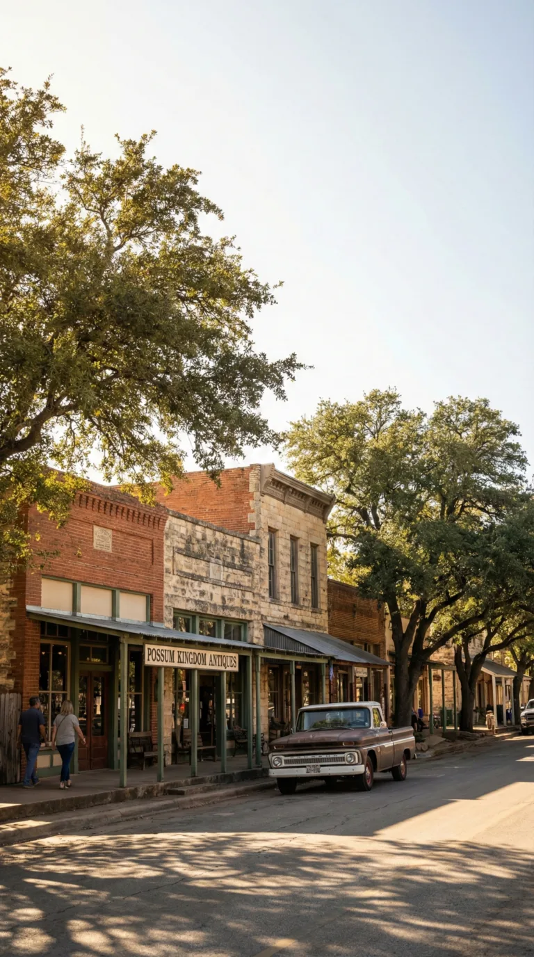 Historic small town near Possum Kingdom Lake with local shops and Texas character