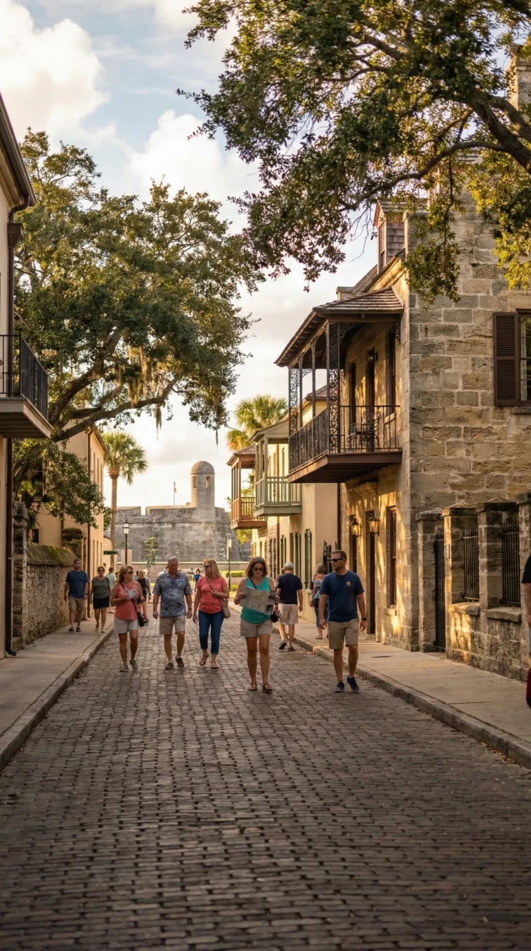 Historic St. Augustine cobblestone street and Spanish colonial buildings