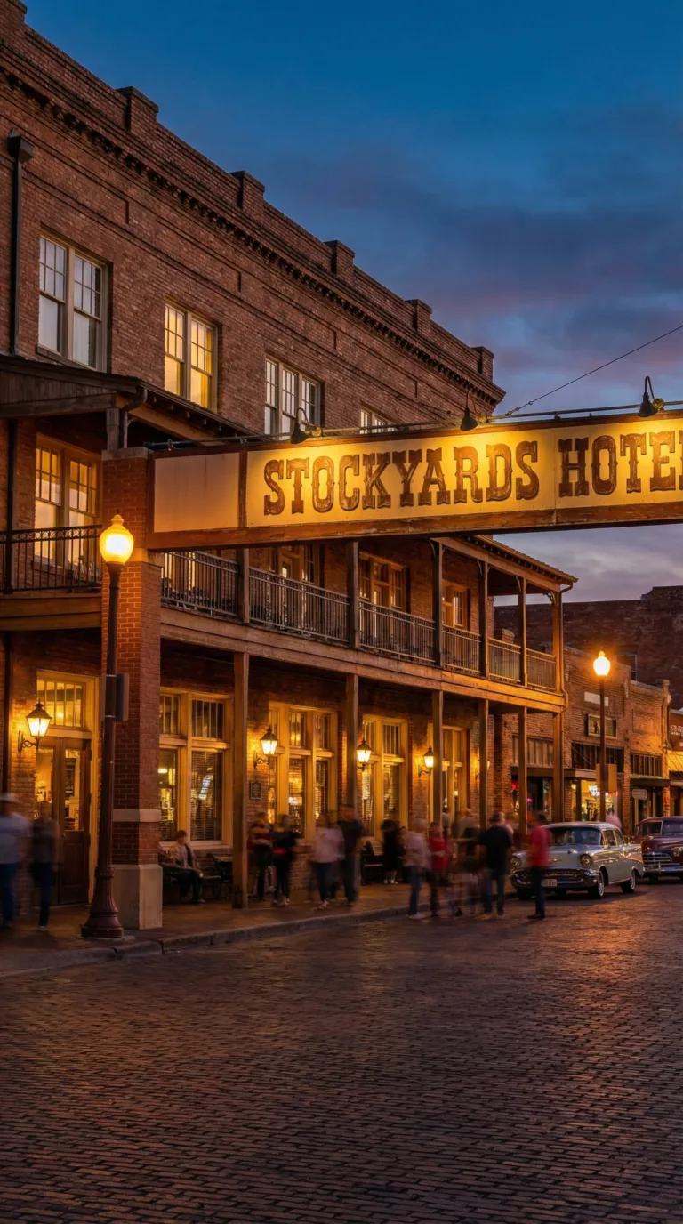 Historic Western hotel exterior in Fort Worth Stockyards district at evening