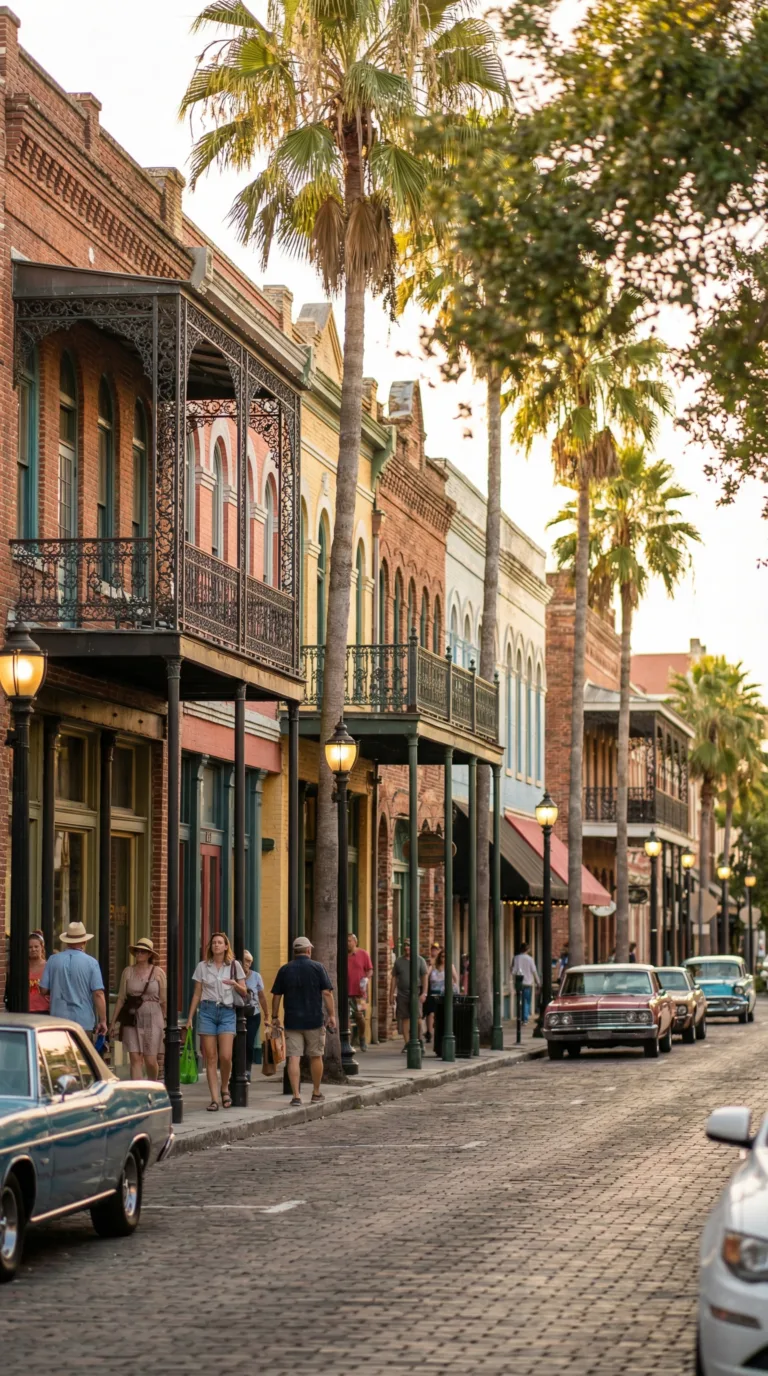 Historic Ybor City Tampa street with colorful brick buildings and balconies