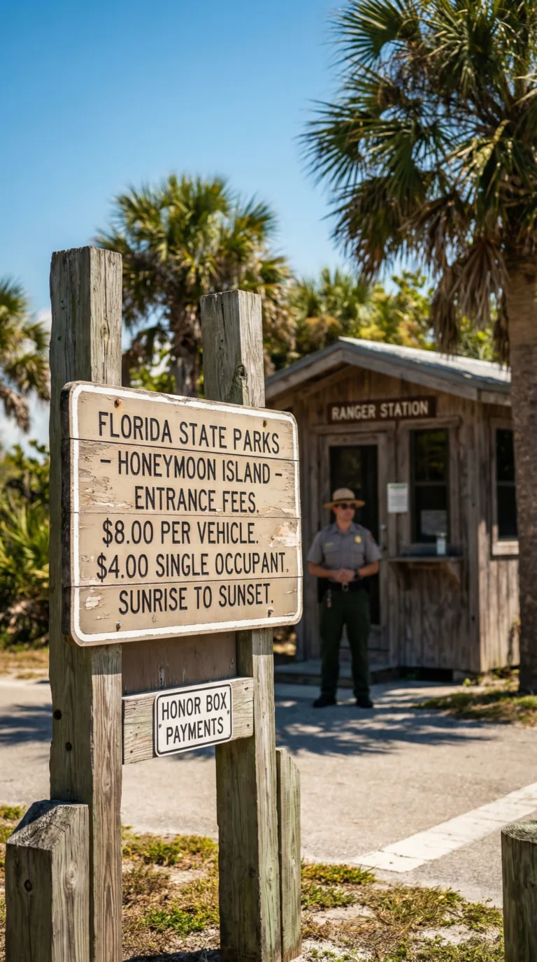 Honeymoon Island State Park entrance fee sign showing admission prices