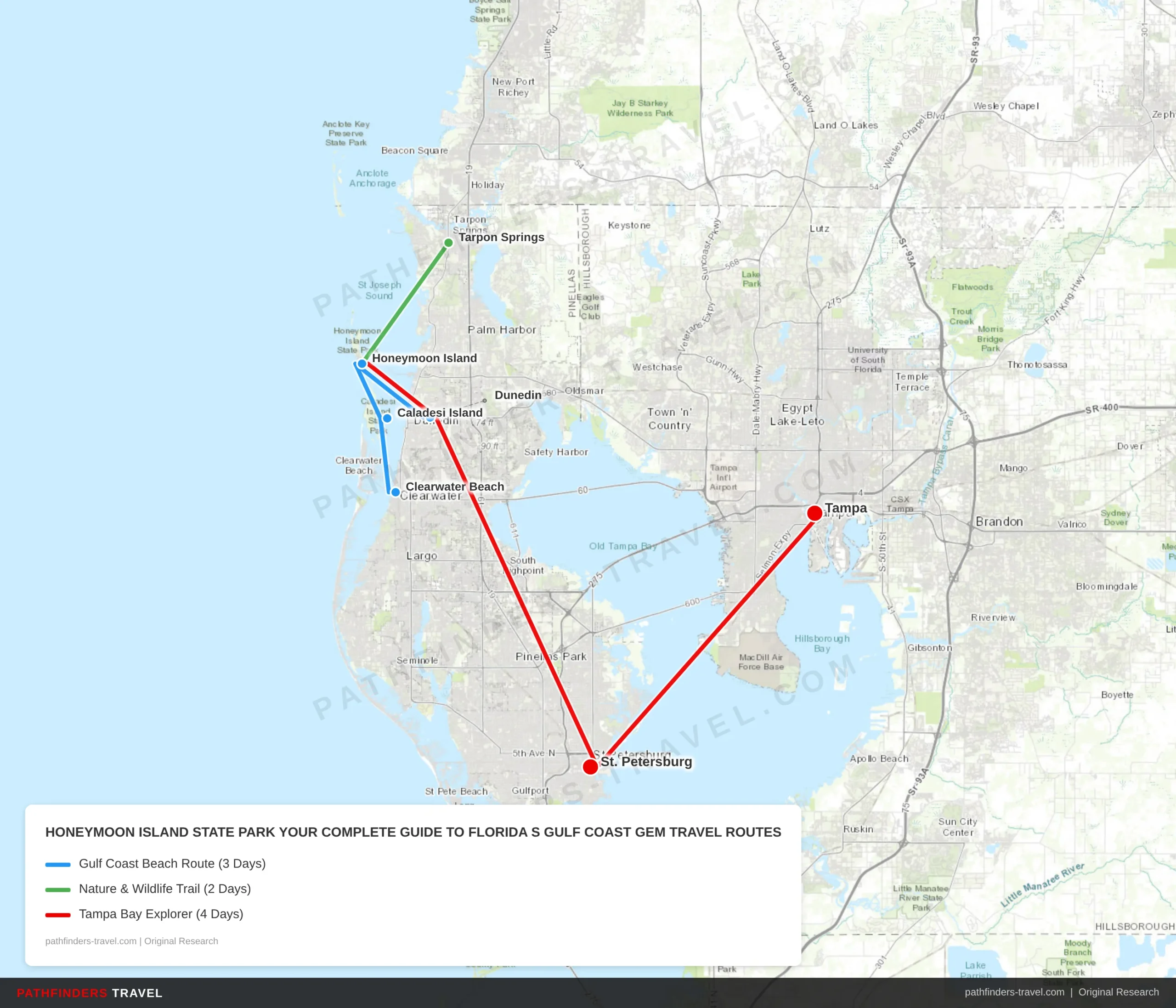 Map showing travel routes for Honeymoon Island State Park: Your Complete Guide to Florida's Gulf Coast Gem with road trip itineraries