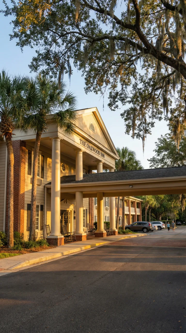 Hotel exterior in Tallahassee with palm trees and Southern architecture