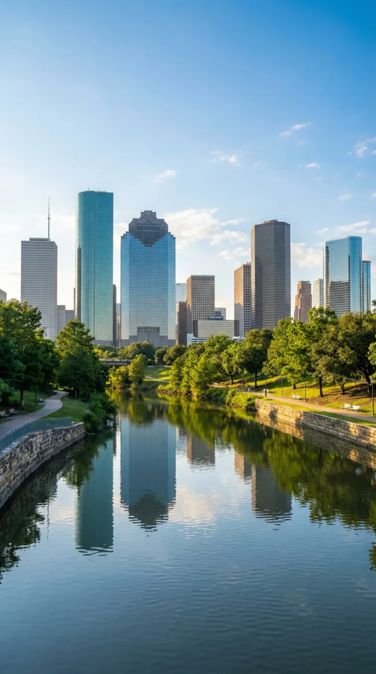 Houston Texas skyline with Buffalo Bayou in foreground, day trip from Galveston Island