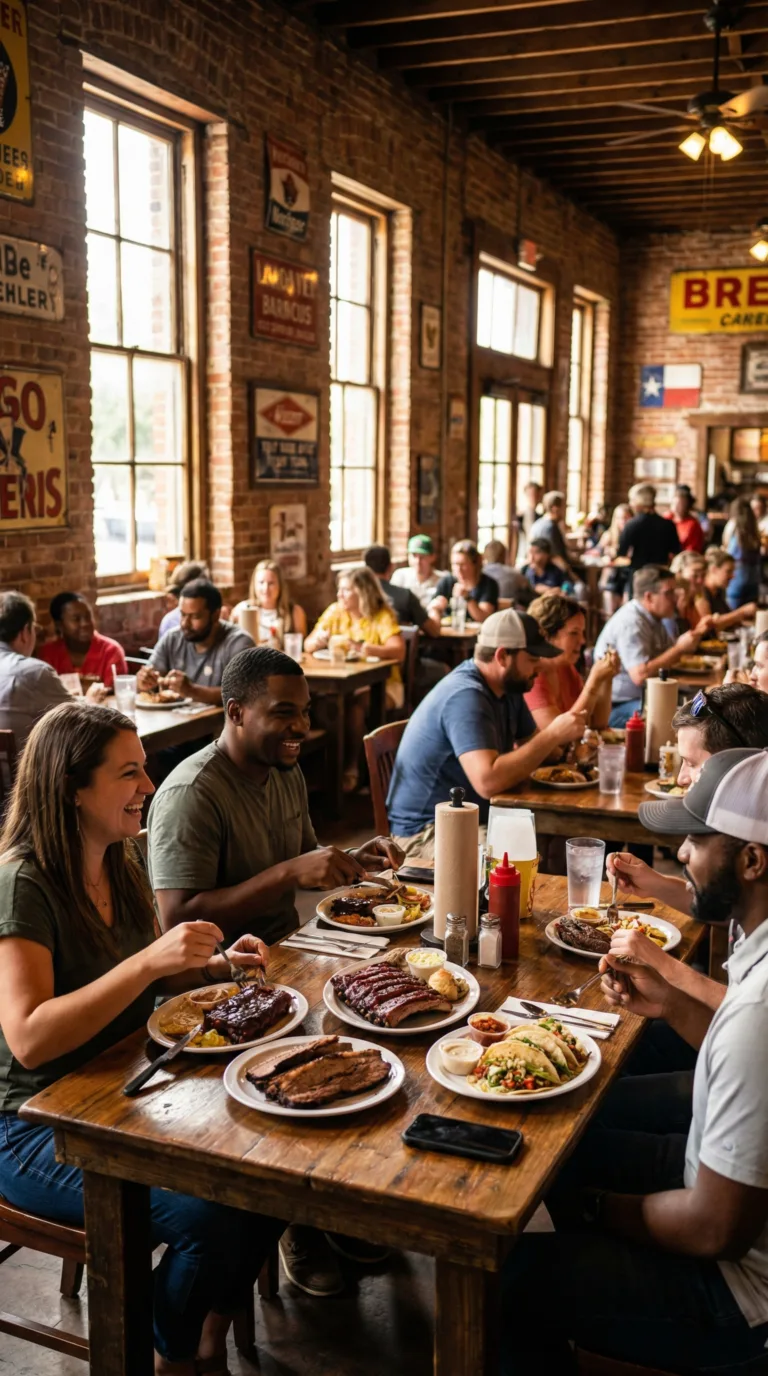 Interior of popular restaurant in Waco Texas with diners and Texas cuisine