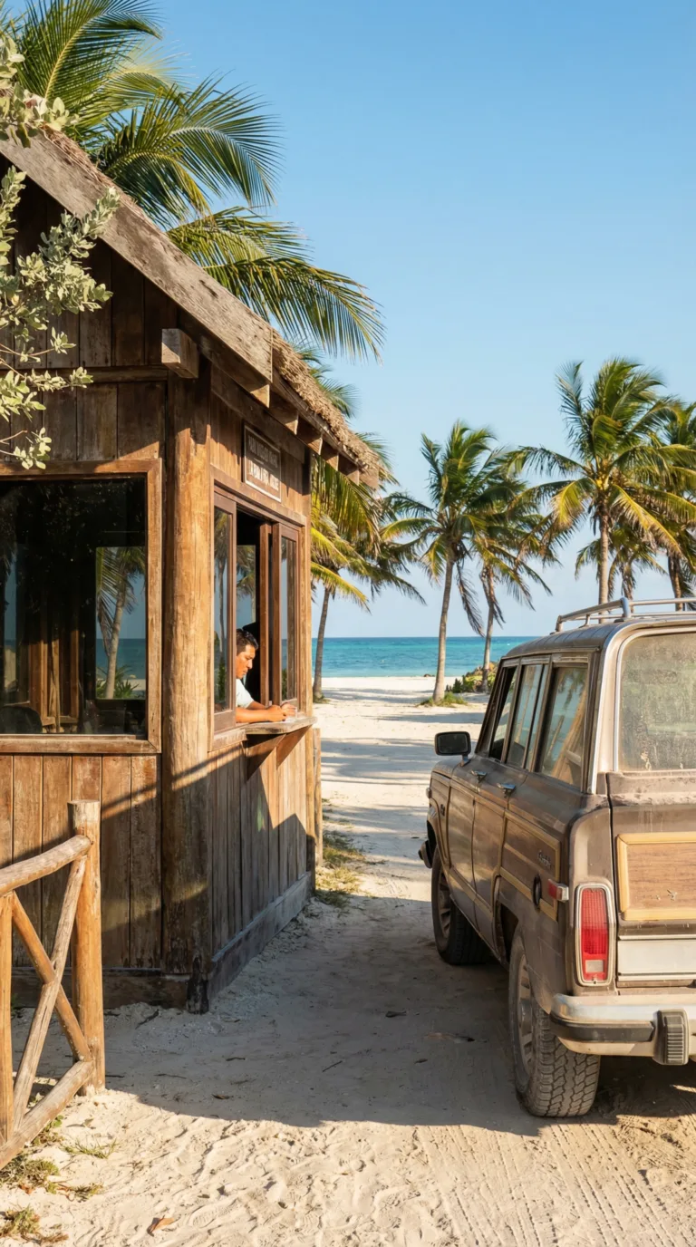 Isla Blanca Park entrance fee booth with vehicle approaching South Padre Island