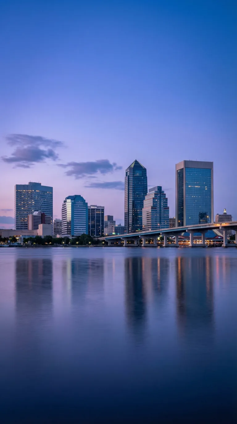 Jacksonville Florida downtown skyline across St. Johns River at twilight