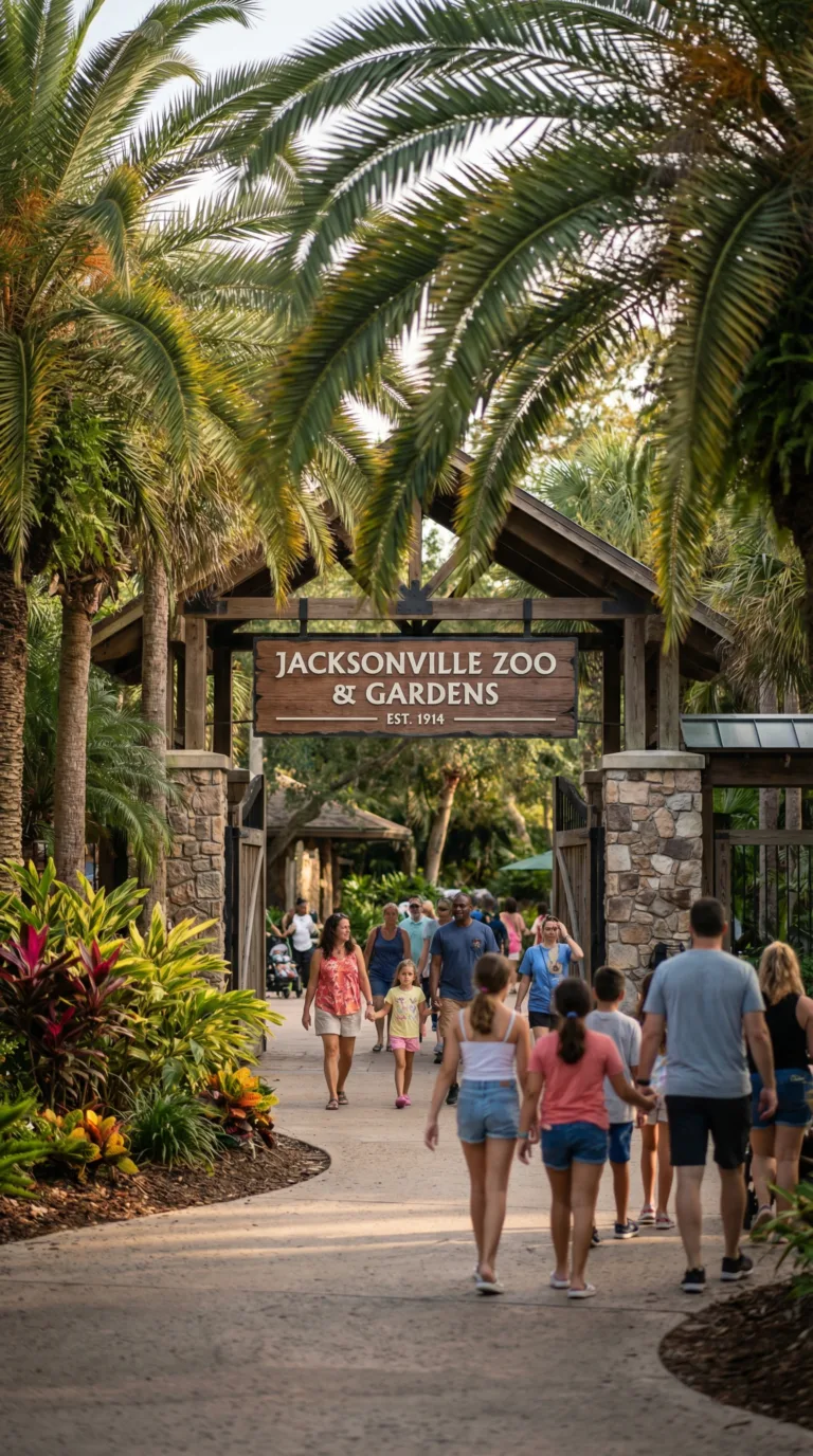 Jacksonville Zoo and Gardens entrance with tropical landscaping