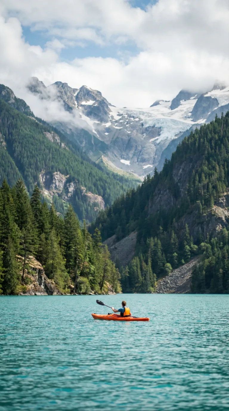Kayaker on turquoise Diablo Lake North Cascades Washington