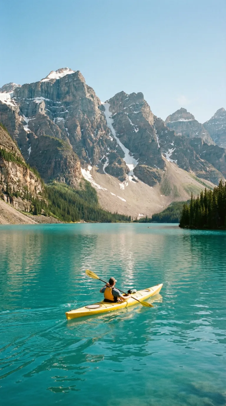 Kayaker on turquoise Diablo Lake with North Cascades mountains behind