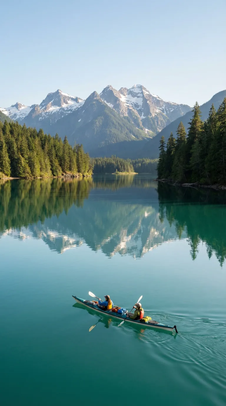 Kayakers on Ross Lake with North Cascades mountain reflections in turquoise water