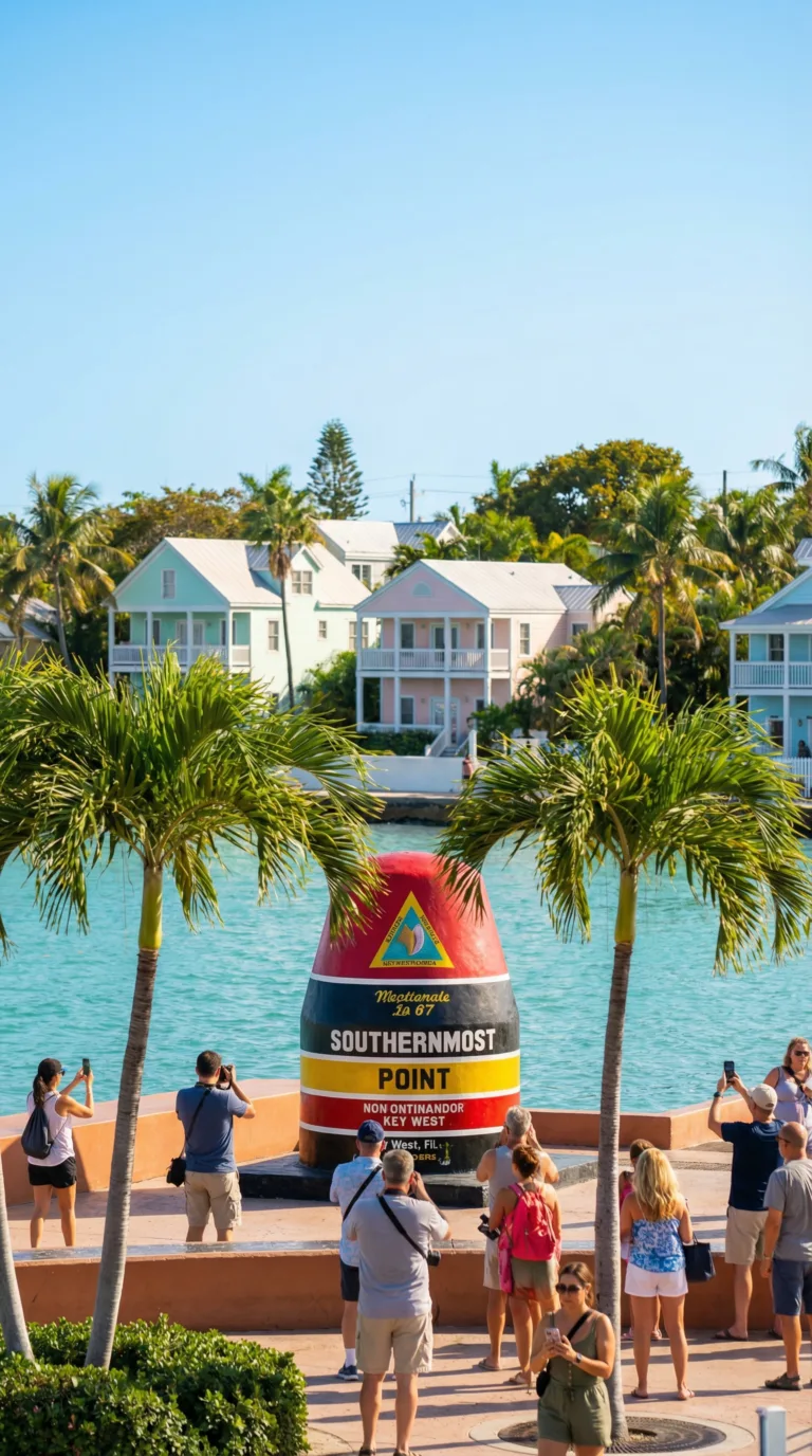 Key West Southernmost Point marker with turquoise waters and colorful tropical houses