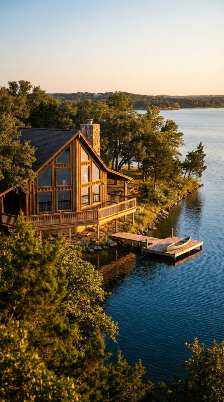 Lakeside cabin rental at Possum Kingdom Lake with water views through trees