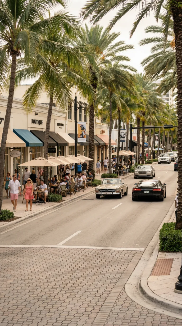 Las Olas Boulevard Fort Lauderdale with palm trees, shops, and outdoor dining