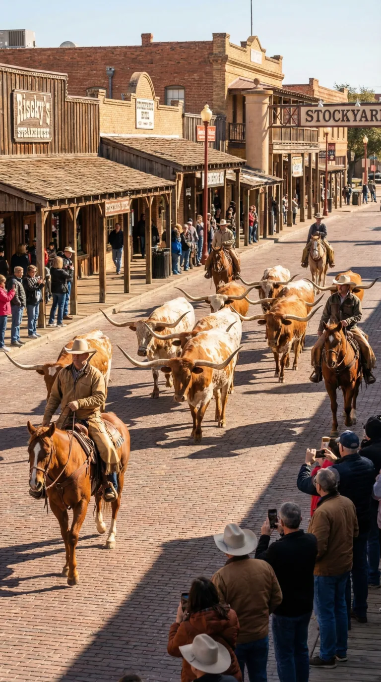 Longhorn cattle drive on Exchange Avenue in Fort Worth Stockyards with cowboys