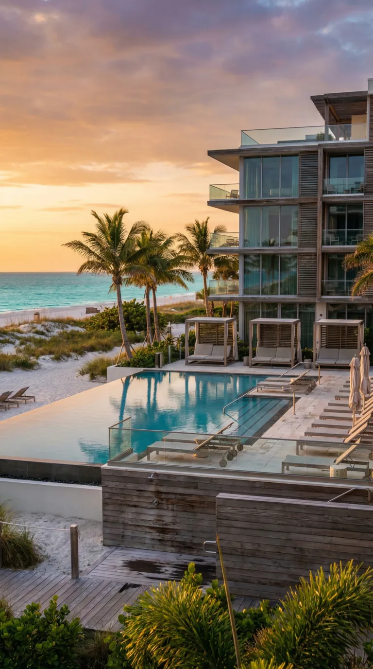 Luxury beachfront hotel resort on Sarasota's Gulf Coast with pool and beach access