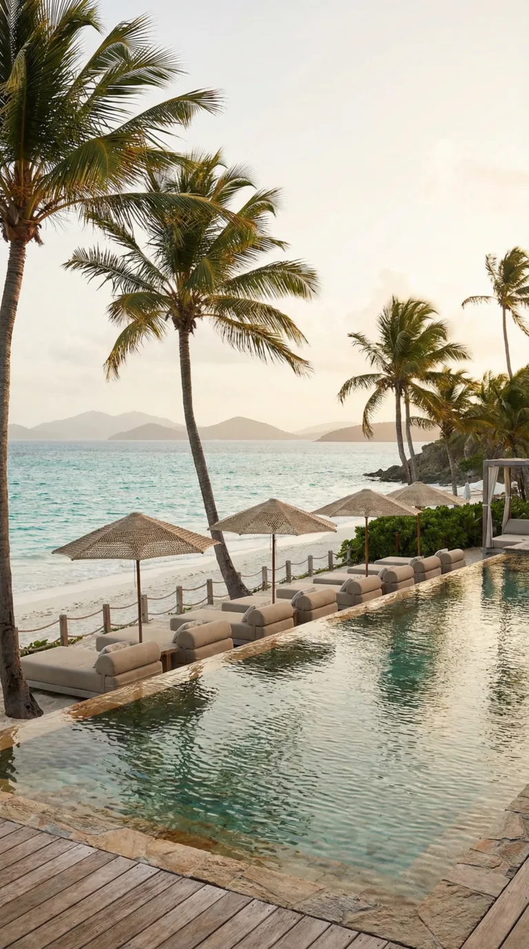Luxury beachfront resort with infinity pool and palm trees in Florida Keys