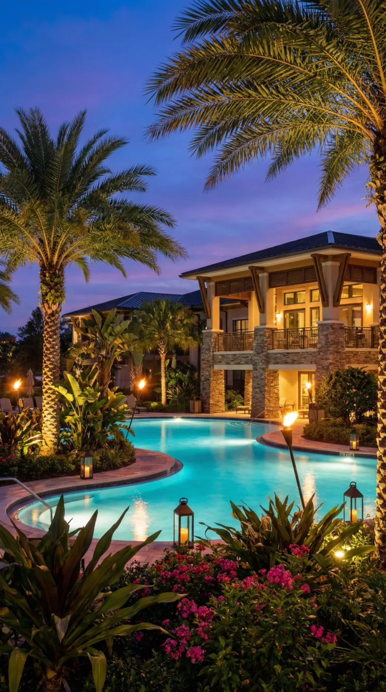 Luxury resort hotel exterior in Orlando with tropical landscaping at twilight
