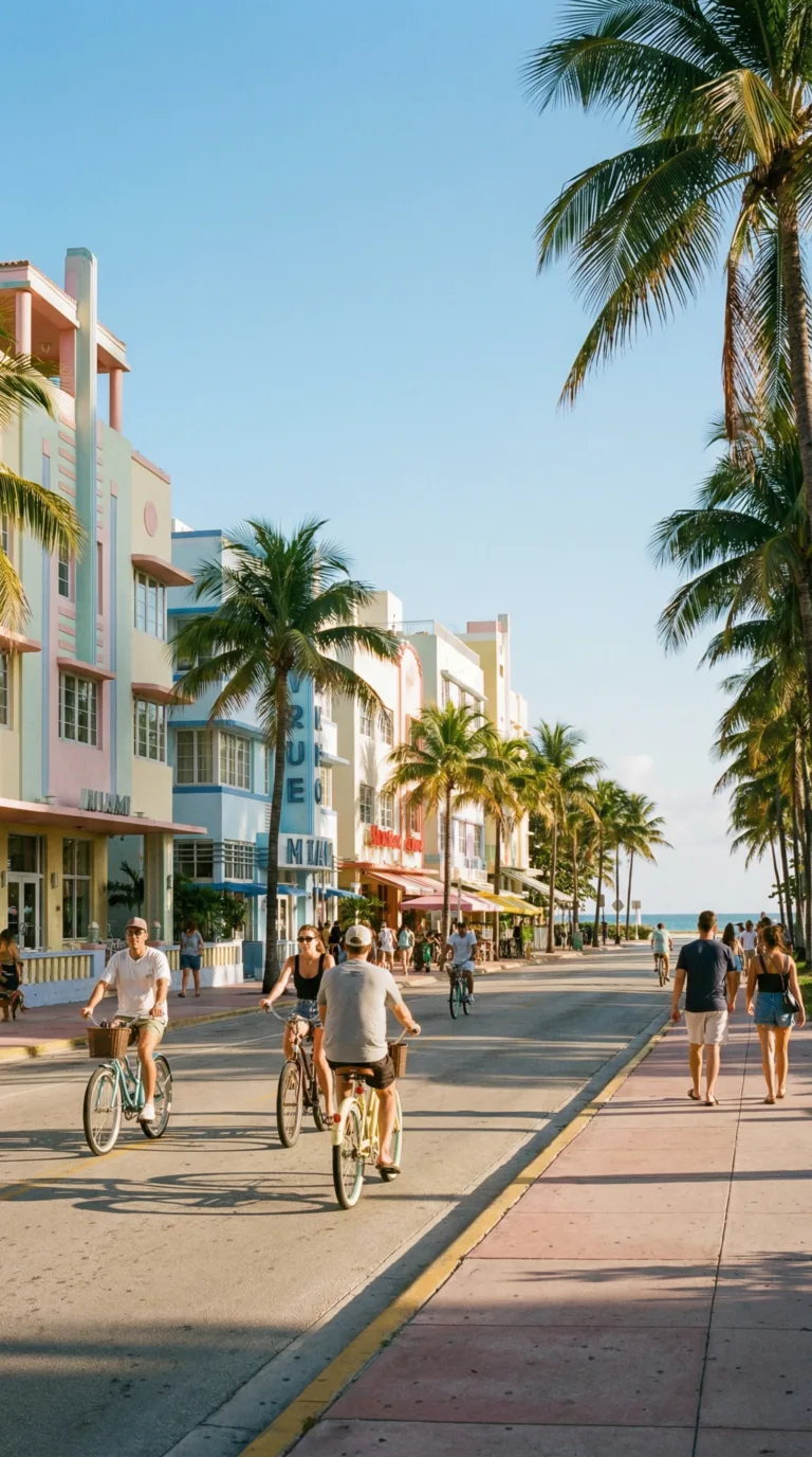 Miami Beach street with cyclists and Art Deco buildings showing walkable neighborhood