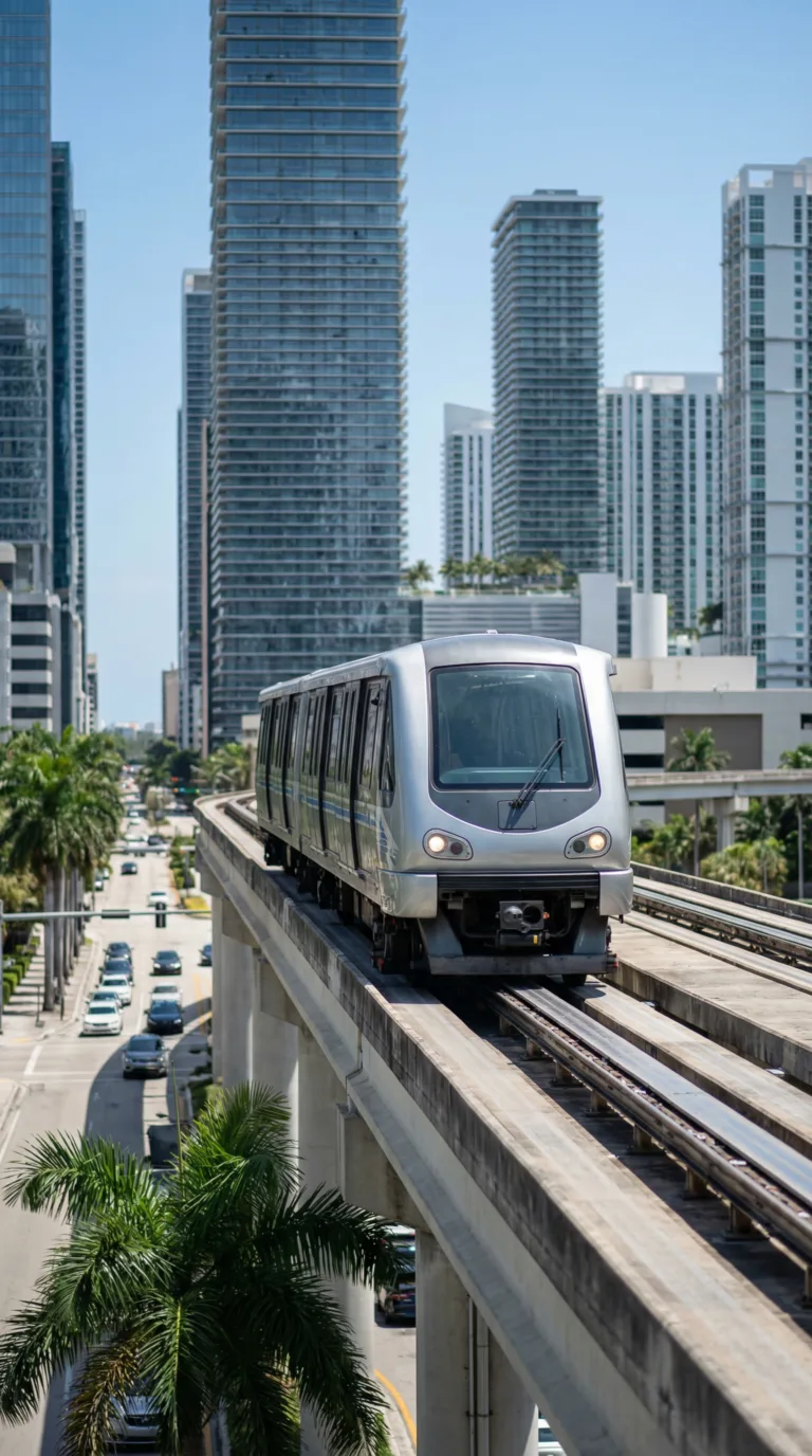 Miami Metromover improved train gliding through downtown Brickell with skyscrapers