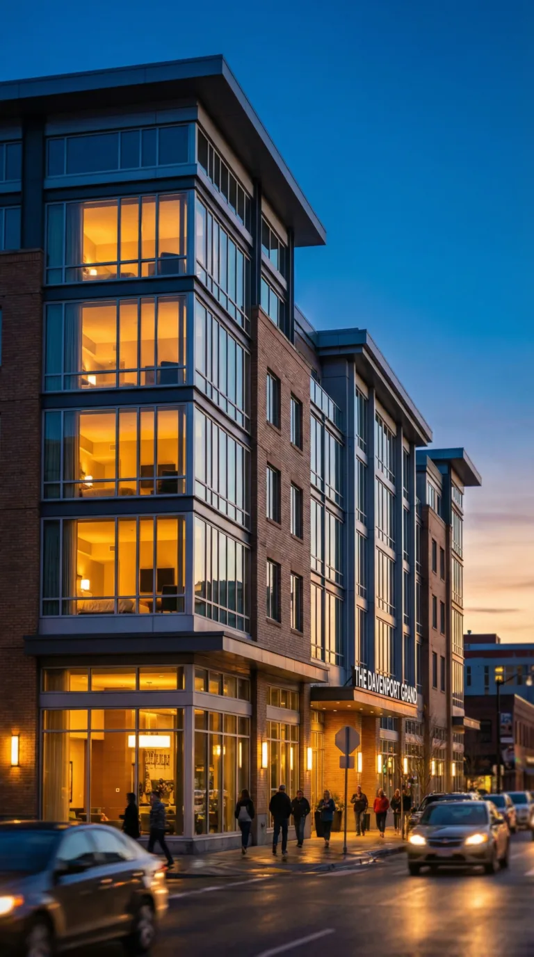 Modern hotel exterior in downtown Spokane at dusk with warm lighting