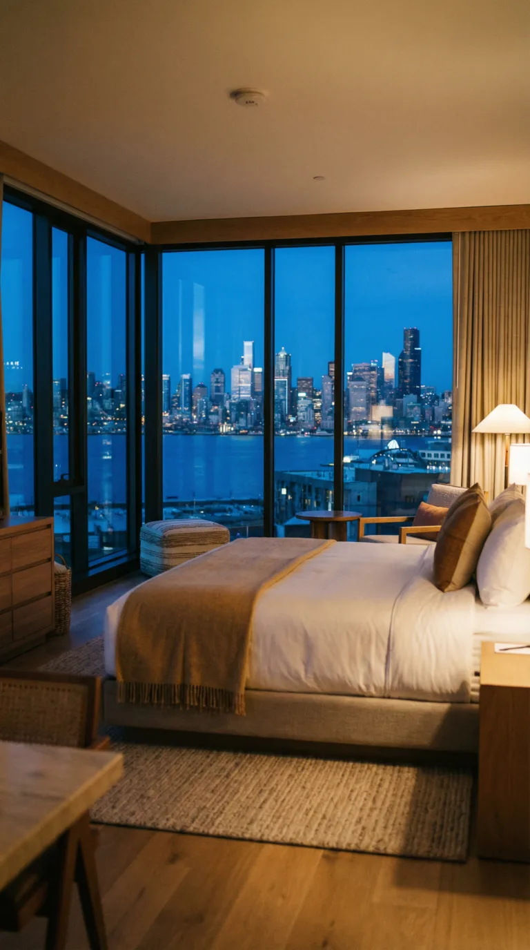 Modern Seattle hotel room with floor-to-ceiling windows overlooking downtown skyline