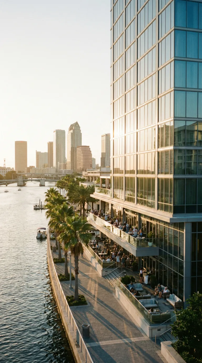 Modern waterfront hotel along Tampa Riverwalk with outdoor terrace