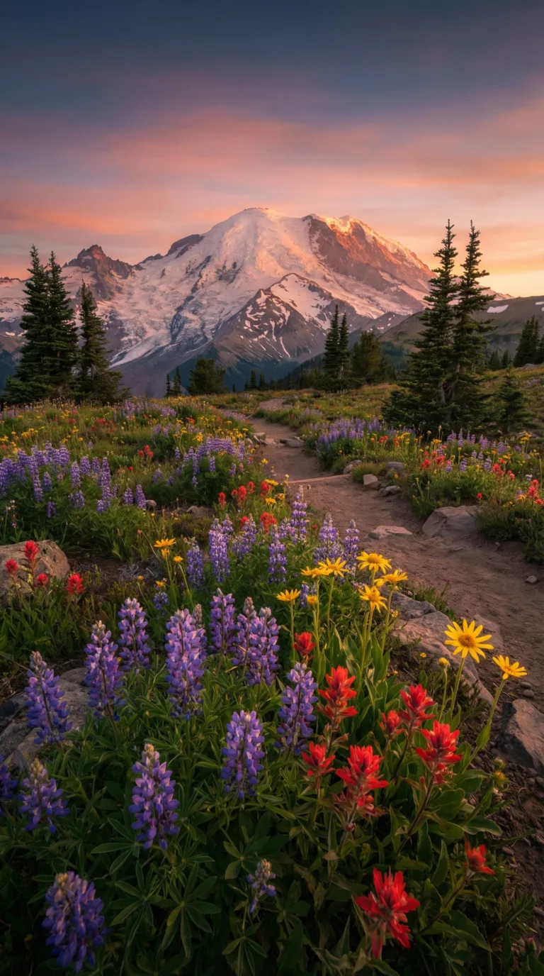 Mount Rainier National Park wildflower meadows and peak view