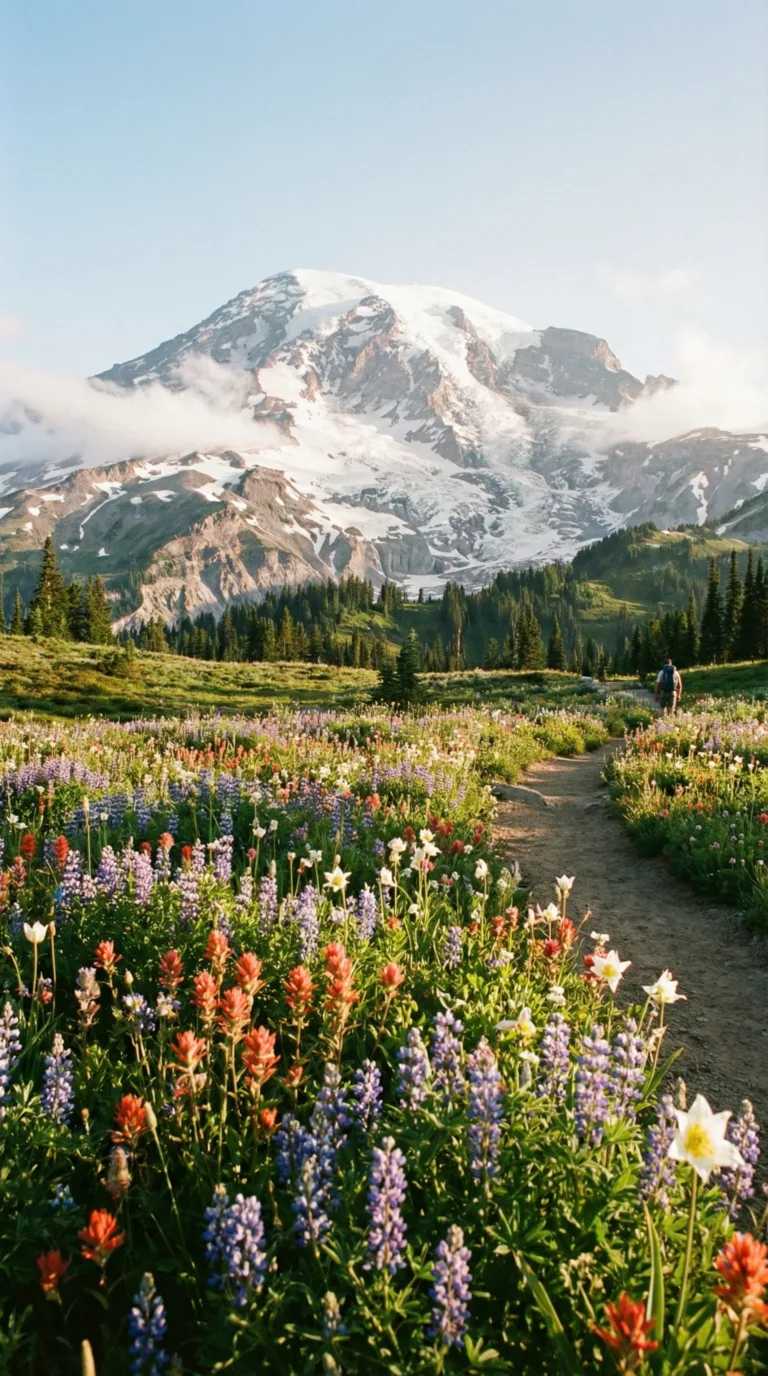 Mount Rainier National Park with wildflower meadows and snow-capped peak