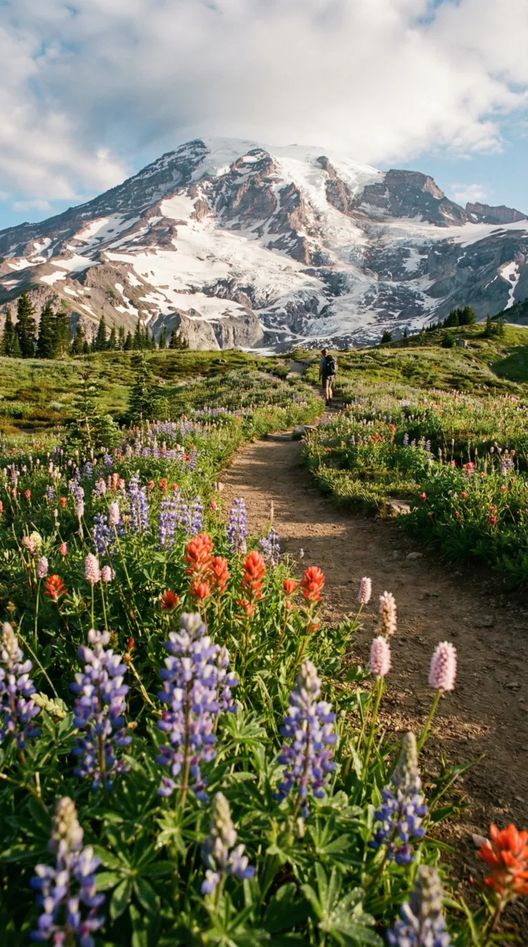 Mount Rainier National Park with wildflower meadows and snow-capped peak