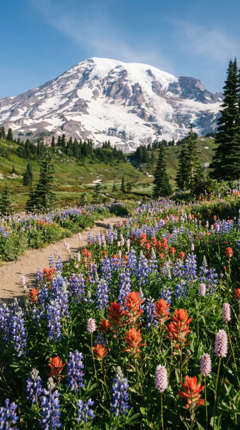 Mount Rainier with wildflower meadows at Paradise, Mount Rainier National Park, Washington
