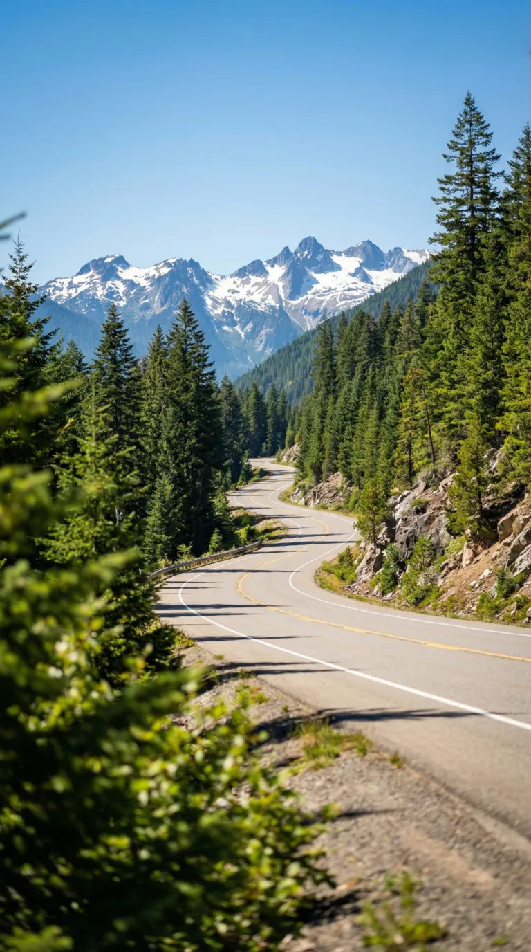 Mountain highway winding through the Cascade Range with snow-capped peaks