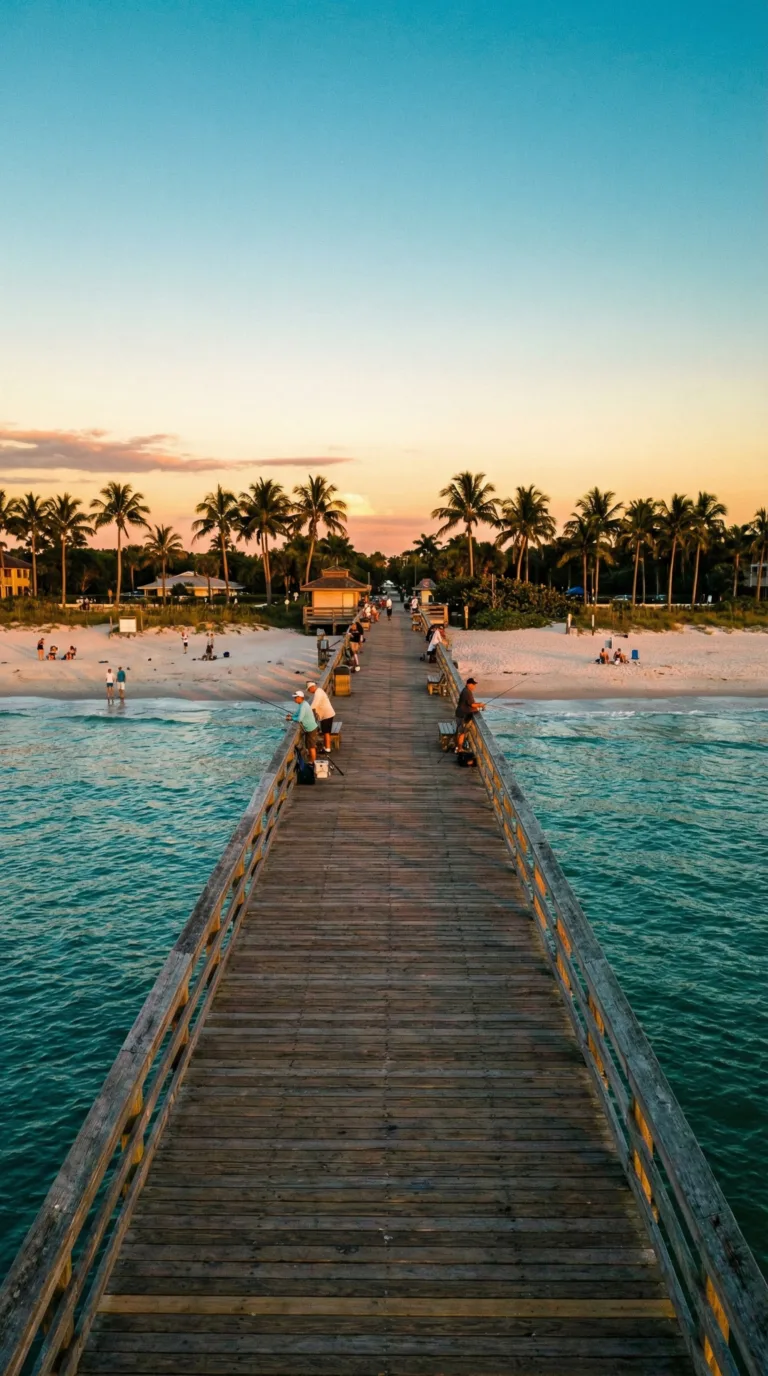Naples Pier extending into Gulf of Mexico at sunset, popular day trip from Marco Island
