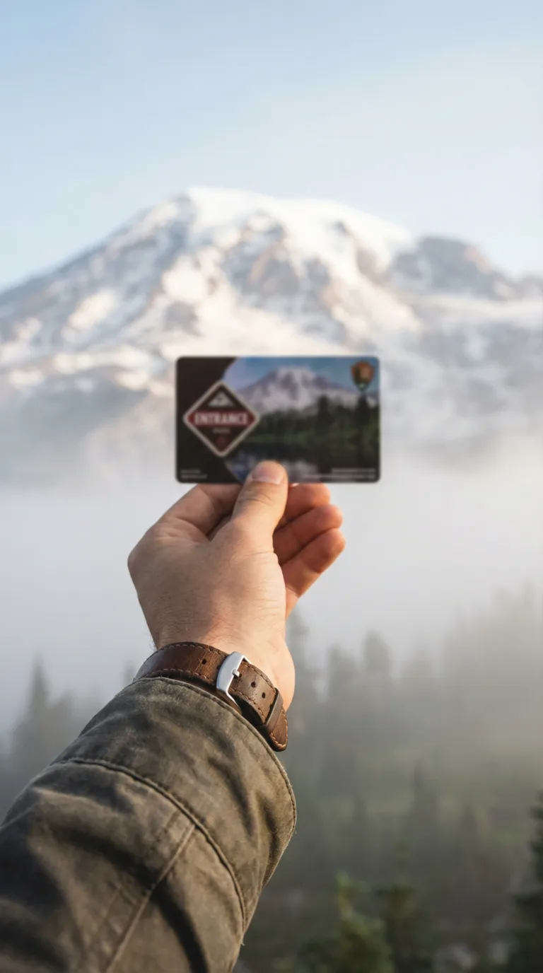 National Park entrance pass with Mount Rainier in background