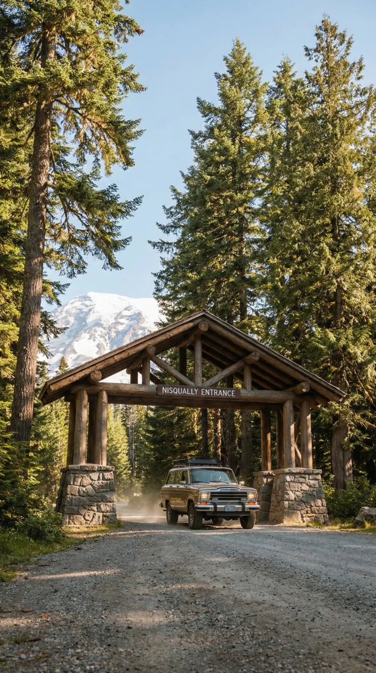 Nisqually Entrance gate to Mount Rainier National Park with evergreen forest