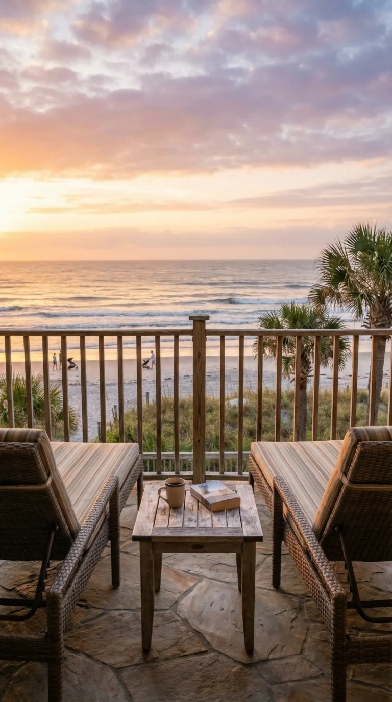 Oceanfront hotel balcony overlooking Cocoa Beach and the Atlantic Ocean at sunrise