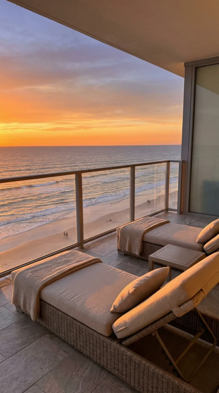 Oceanfront hotel balcony view at Daytona Beach with Atlantic Ocean sunset