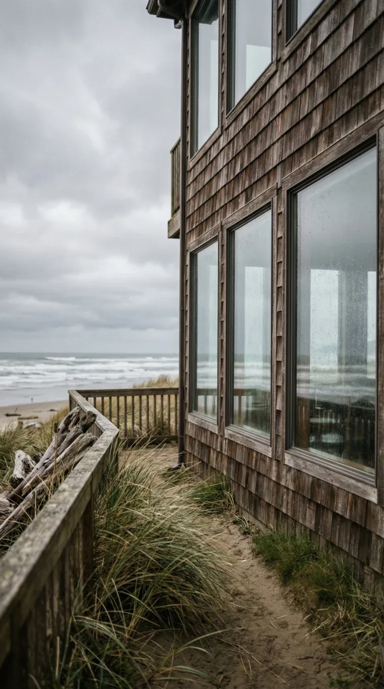 Oceanfront hotel with cedar shingle exterior overlooking Pacific Ocean in Newport Oregon