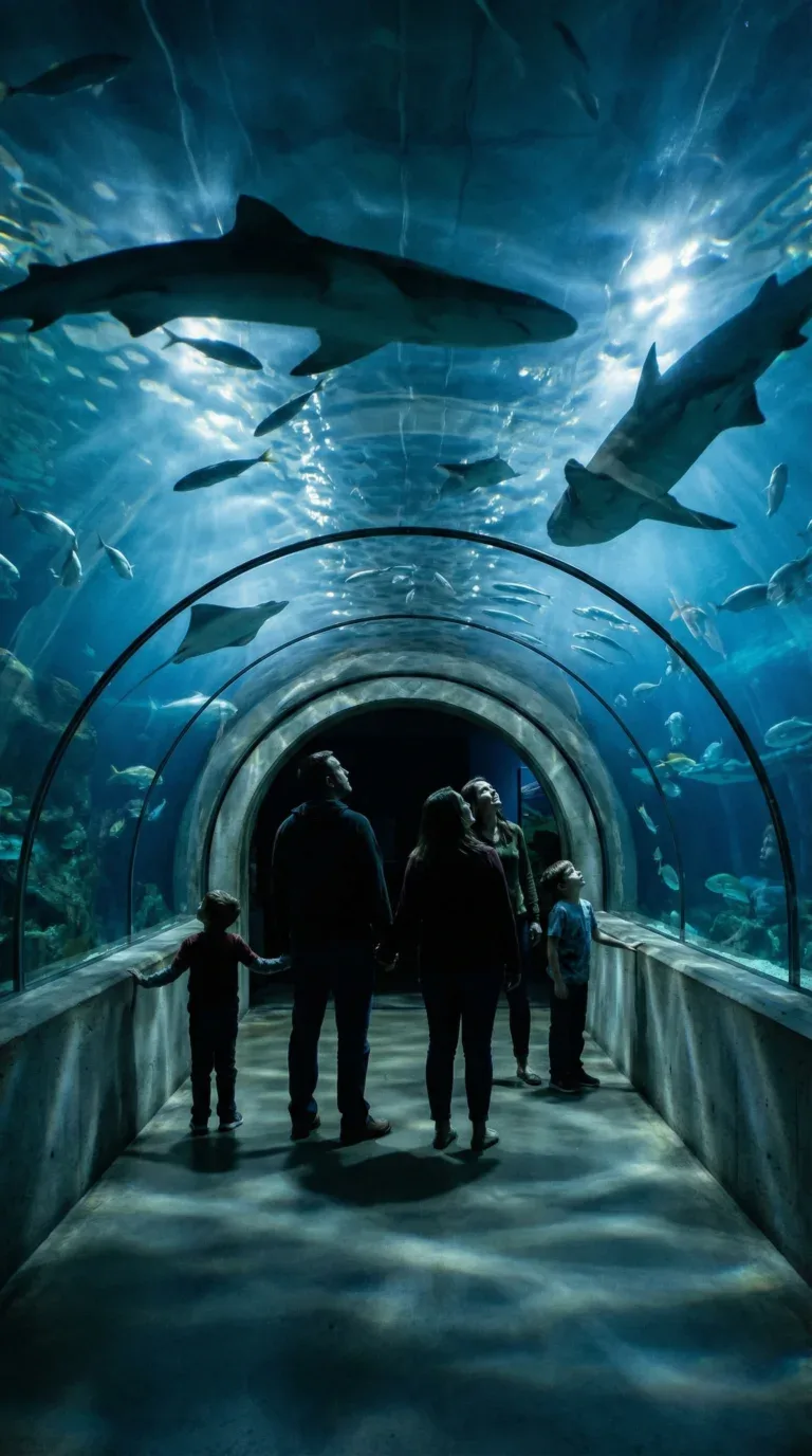 Oregon Coast Aquarium underwater tunnel with sharks and rays swimming overhead