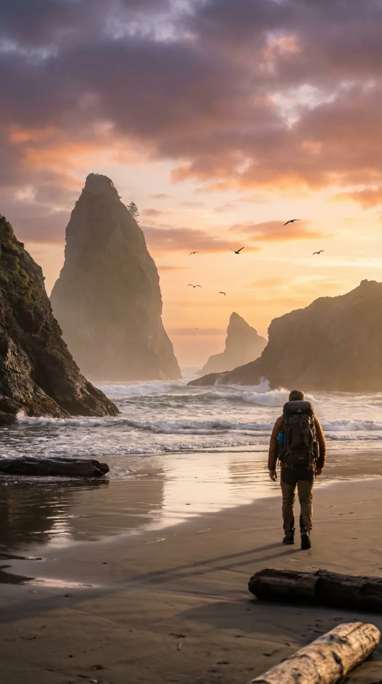 Oregon coast beach at sunset with sea stacks and traveler walking shoreline