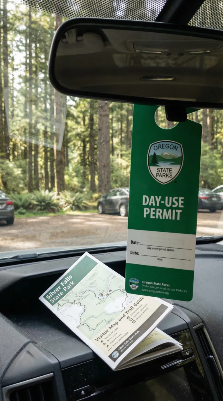 Oregon State Parks day-use permit and trail map for Silver Falls State Park on car dashboard
